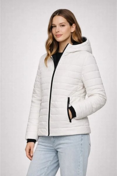 Generic Brand Puffer Hooded Zip Jacket Water-Repellent Quilted Lined Fabric Pocketed Winter Relaxed Fit - Cream