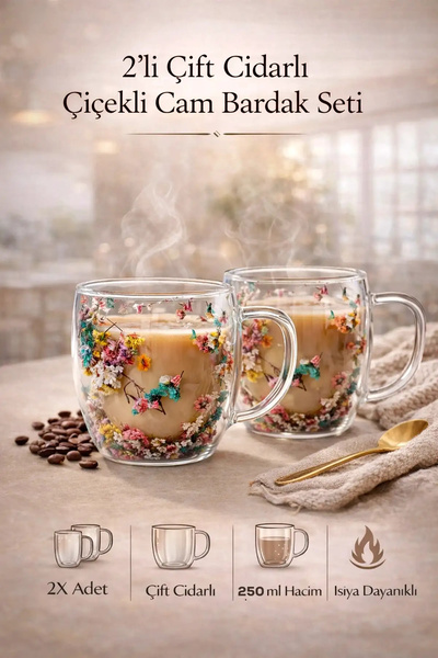 Berdina Home 2-Piece Double Walled Floral Cup 250ml Coffee Tea Cup Handmade B...