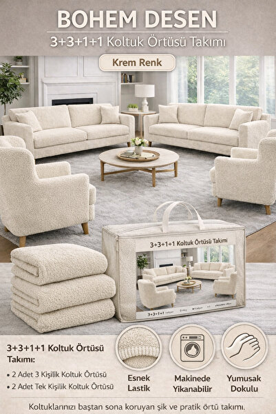 seltenet Bohem Desen krem Lastikli Koltuk Örtüsü 3+3+1+1 Takımı Esnek Lastikl...