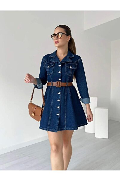 asia denim woman Women's Denim Mini Dress with Belt Detail