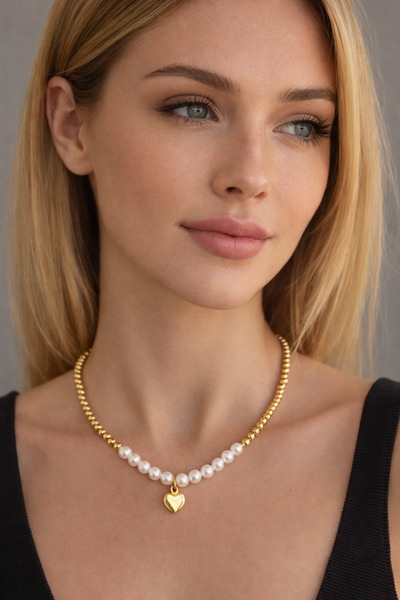 Kutcha Accessories Zarif Inci Ve Altın Kalp Charm Kolye – Günlük Şıklık