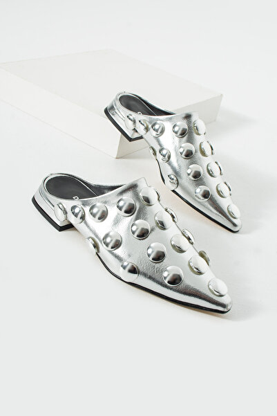 diclepolat Women's Silver Stoned Metal Detailed Pointed Toe Closed Slippers Clau