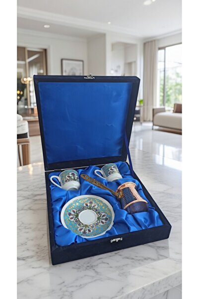 Nihal Süeda طقم أكواب بورسلين مزدوج مع صندوق مخملي ووعاء قهوة نحاسي