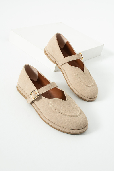 diclepolat Women's Beige Suede Buckle Mary Jane Loafer Shoes Günlük Ruız