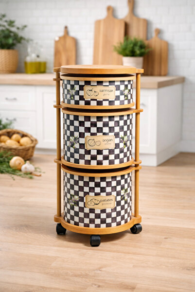 MİHMAN HOME Dama Desenli 3 Katlı Tekerlekli Çok Amaçlı Ahşap Patates Soğan Se...
