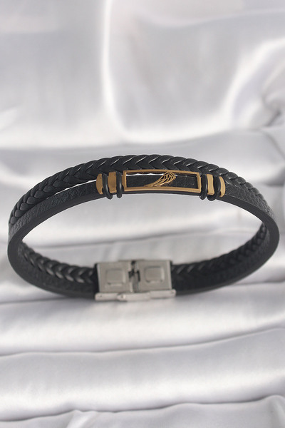Skygo 316L Steel Gold Color Black Twist Model Leather Cord Men's Bracelet wit...