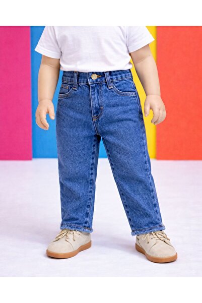 minny max Çocuk Mavi Pantolon Beli ayarlanabilir Lastikli Jean Kesik Paçalı