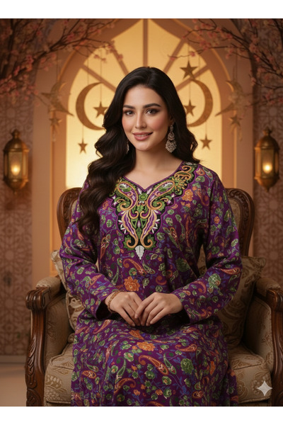 ASIAN جلابية وردة نسائية من القطن، مزينة بنقوش على شكل ورد ومطرزة بخيوط الحرير