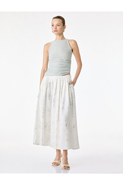 Koton Cotton Glitter Floral Patterned Pleated Long Flared Skirt