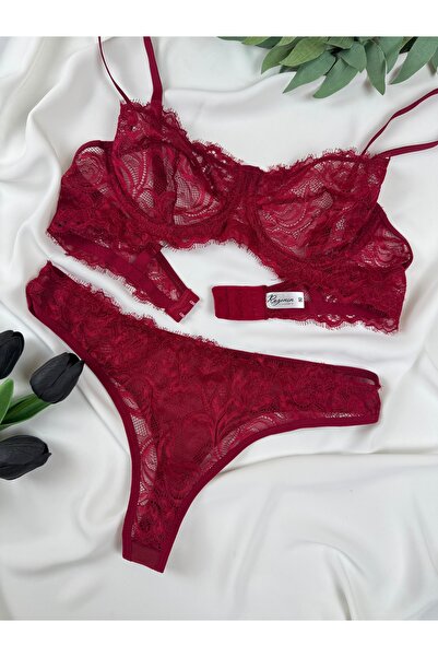 ROZENİN LINGERIE Valentine's Day Special Burgundy Soft Lace Bralet Set