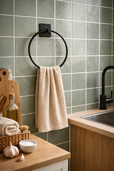 KARTEYA Yapışkanlı Siyah Yuvarlak Havluluk Banyo Mutfak Havlu Askılık