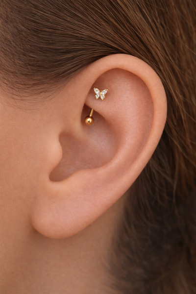 Sacce Scarves&Accessories Taşlı Kelebekli Çelik Rook Piercing Daith Helix Kaş...
