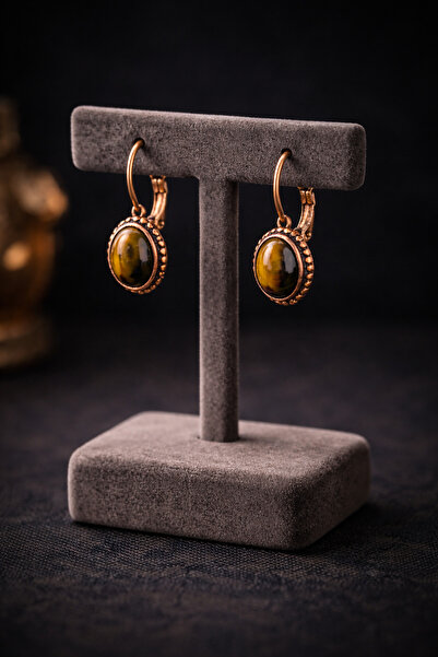 İyyaKee Kadın Bakır Küpe Doğal Kaplan Gözü Taşlı 0tantik Model Saf Bakır Küpe