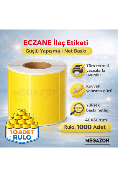 Megazon 40X60 Termal Sarı Eczane Ilaç Tarif Etiketi 1000 Adet - 10 Rulo