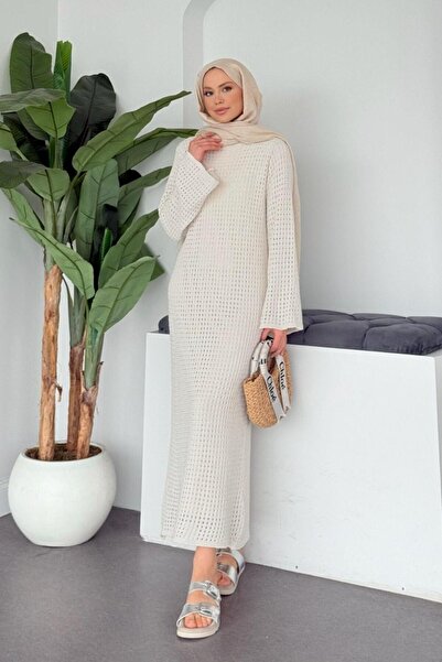 Şulemoda Giyim File Ajur Örme Elbise Ekru