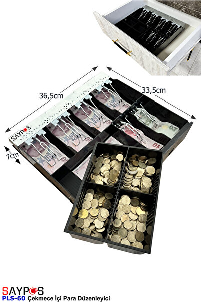 SAYPOS Gizli Evrak Hazneli 6 Kağıt Para 4 Bozuk Para Gözlü Çekmece İçi Para Düzenleyici 36,5x33,5x7cm