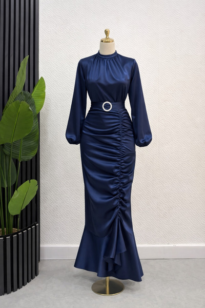 modasusev Gathered Satin Hijab Evening Dress