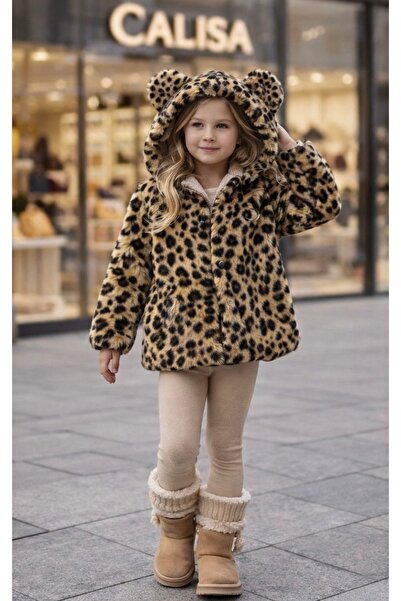 CALİSA Girl's Leopard Print Plush Fur Coat Coat