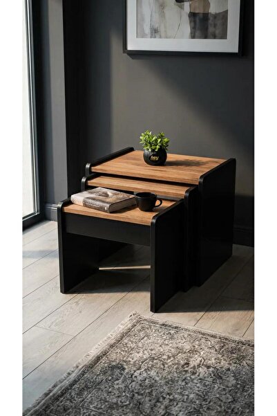 hey modüler mobilya Lara Zigon Sehpa 3'lü Zigon Sehpa Yan Sehpa Siyah Çam