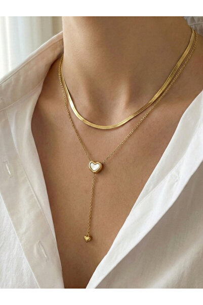 GKCBijoux 316L Çelik Gold Renk İtalyan Yılan Zincir ve Sedefli Kalp İkili Kom...