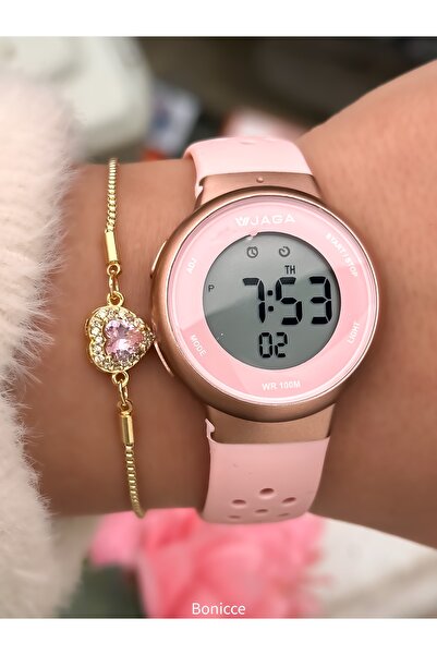 Jaga ساعة يد رياضية رقمية بسوار سيليكون وردي، مقاومة للماء، مناسبة للاستخدام ...