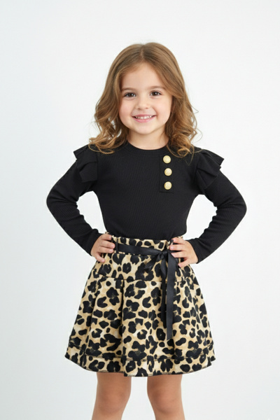 Z B Bebe Leopard Print Skirt Suit with Ruffled Shoulder (3-7 Years)