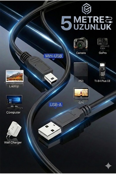Derwell 5 Metre Mini Usb 5Pin Hızlı Veri Şarj Aleti Kablosu PS3 MP3 MP4 Çalar...