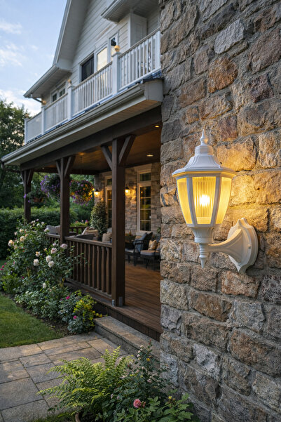 232LAMP Bombeli Altıgen Beyaz Şık Estetik Modern Konsollu Aplik Veranda Teras...