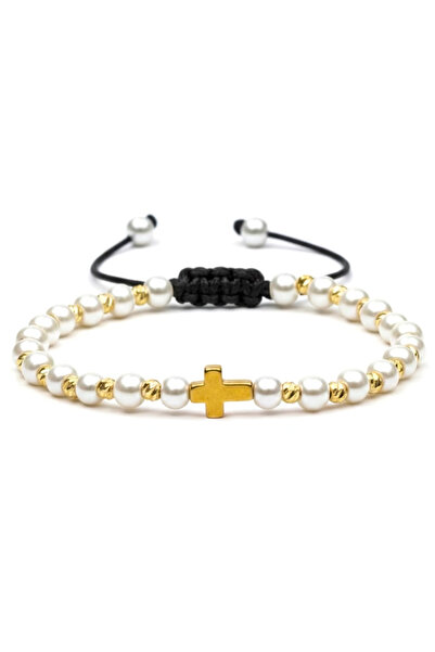 easyCTRL Adjustable Bracelet with White Pearls and Cross Pendant, Metal Eleme...