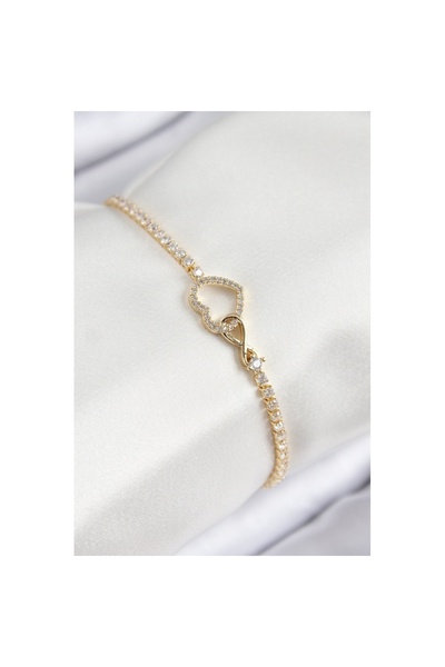 Skygo Pirinç Zirkon Taşlı Sonsuzluk Kalp Model Gold Renk Kadın Bileklik - TJ-...