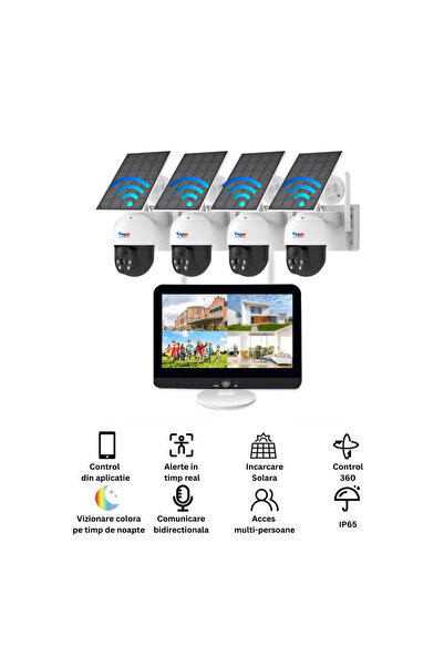 Taggo Sistem profesional wireless cu 4 camere pentru exterior, 360°, încărcar...