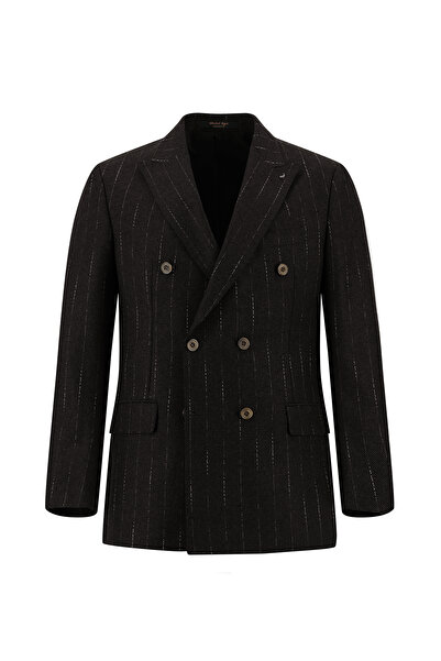 Abdullah Kiğılı 6 Drop Regular Fit Standart Kesim Yünlü Kruvaze Çizgili Ceket