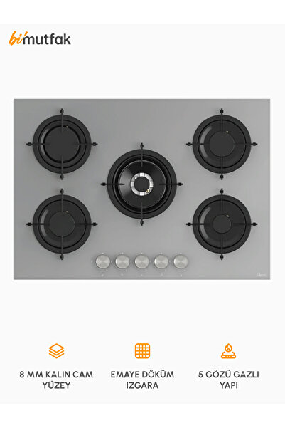 GL GENERAL Bask 75cm Emaye Izgaralı 5 Gözlü Cam Ocak