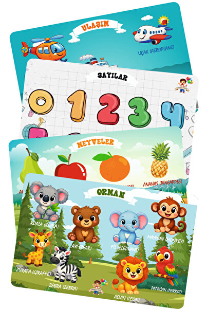 Minçu Toys Ahşap Türkçe-İngilizce 4'lü Set,Öğretici Yapboz, Zeka Geliştirici ...