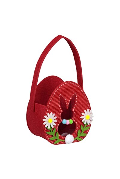 OEM Coș decorativ de Paște din fetru cu mâner, flori de ouă roșii, 13x9x15cm