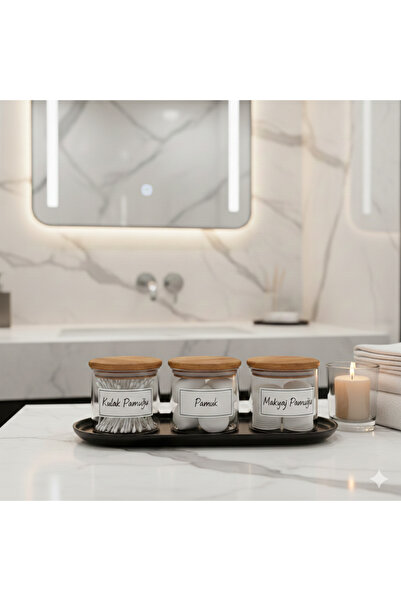 Dia Set de baie din sticlă cu capace din bambus, 3 piese – Borcan din bumbac,...