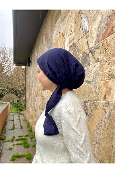 Anatolye Lacivert Zincir Desen Jakarlı Eşarp Bone - Kaymaz Terletmez (Kaymayan)
