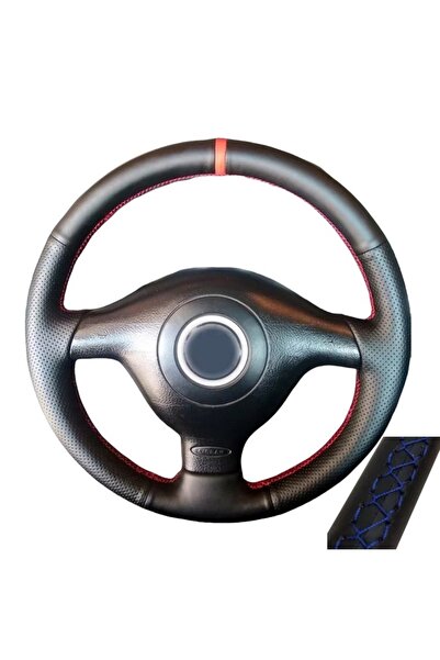 Choice غطاء عجلة قيادة السيارة من الجلد الأسود المقاوم للانزلاق بخيط أزرق مضف...