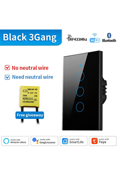 Choice13 TNCE WIFI Blakc 3Gang TNCE Tuya WiFi+Bluetooth/Zigbee Smart Wall Swi...