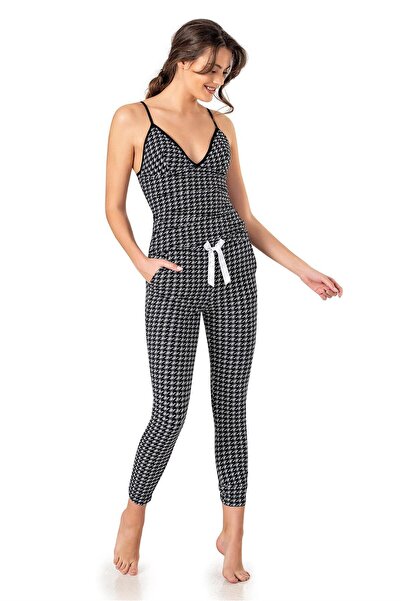 OBJE Women's Houndstooth Pattern Single Jersey Elastic Long Bottoms