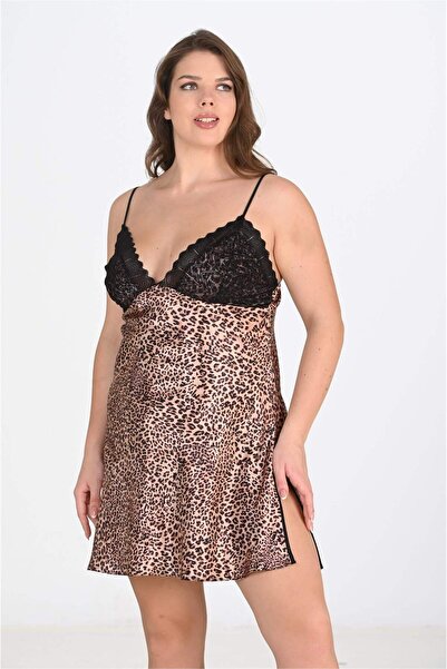 OBJE Women's Oversized Leopard Pattern Slit Detail Short Nightgown