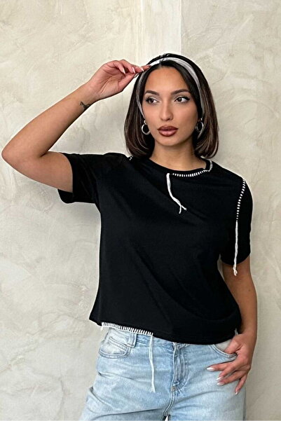 Caddebostan Moda Women's Shepherd Stitching Detailed Crew Neck Cotton Oversiz...