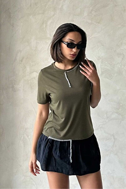 Caddebostan Moda Women's Shepherd Stitching Detailed Crew Neck Cotton Oversiz...