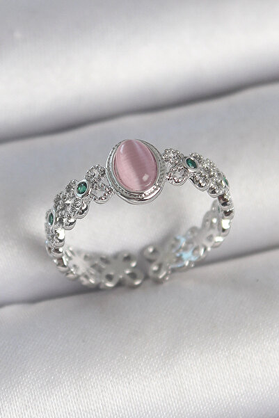 shopwave خاتم نسائي نحاسي فضي اللون بحجر الزركون مفصل بالمينا الوردي قابل للت...