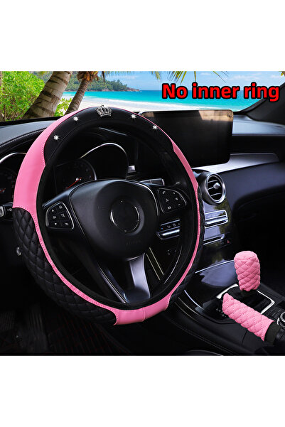 Choice Pink 3Pcs PU leather crown with diamond inlays for car without inner r...