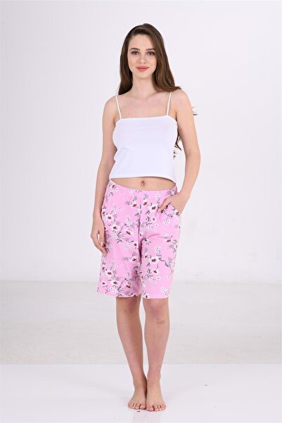 OBJE Women's Pink Floral Viscose Pocketed Shorts