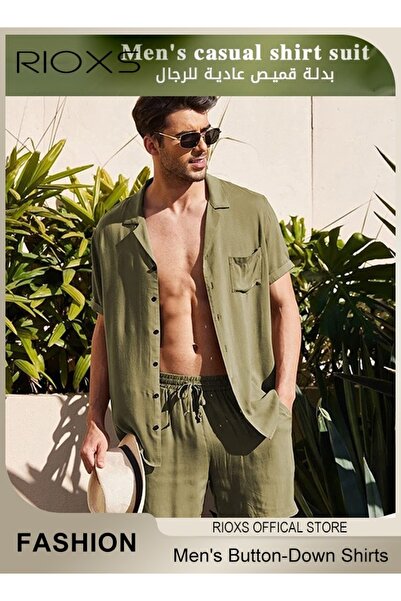 RIOXS 2-Piece Men's Summer Outfits, Loose Fit Button-Down Short Sleeve Shirts...