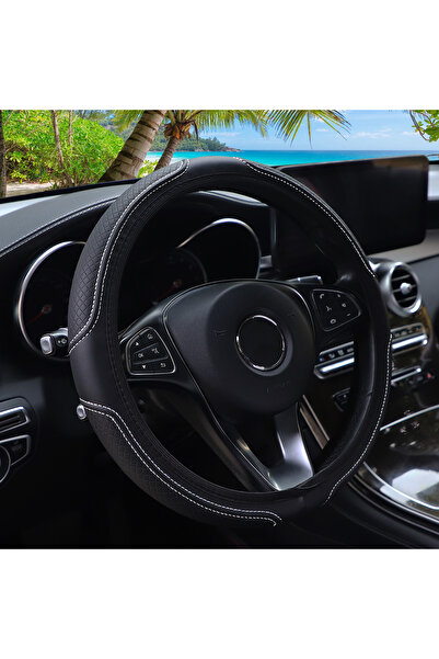 Choice غطاء عجلة قيادة من الجلد الصناعي الأبيض BK، منقوش، دائري بدون إطار، مق...