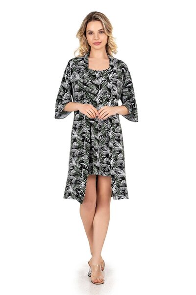 OBJE Women's Black Floral Viscose Capri Sleeve Lace Detail Dressing Gown