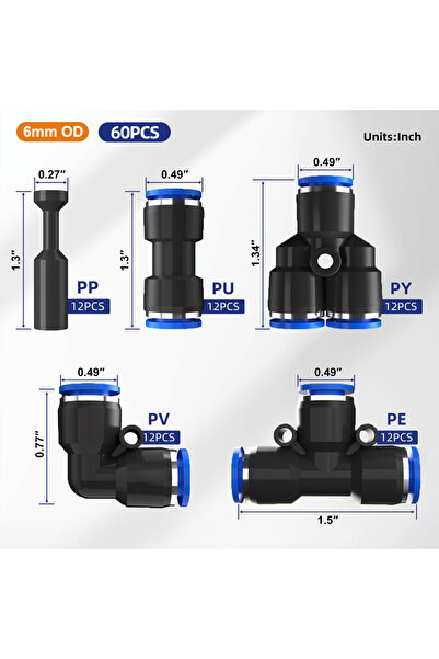 Choice 60Pcs 6mm Od 60Pcs Push-In Fitting Air Hose Fittings Kit, Quick Connec...